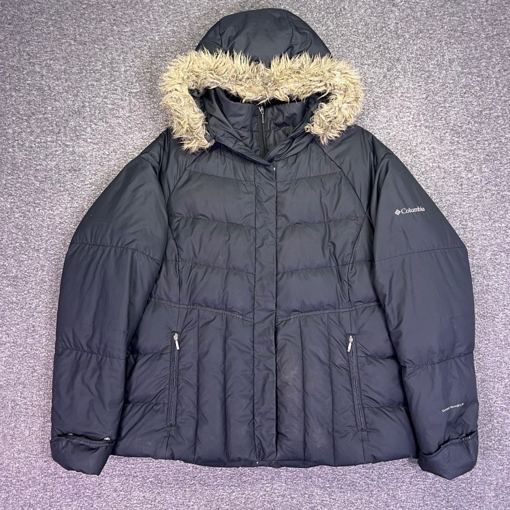 Columbia Puffer Jacket Womens XL Black Quilted Winter Omni-Shield WL5447 Hooded